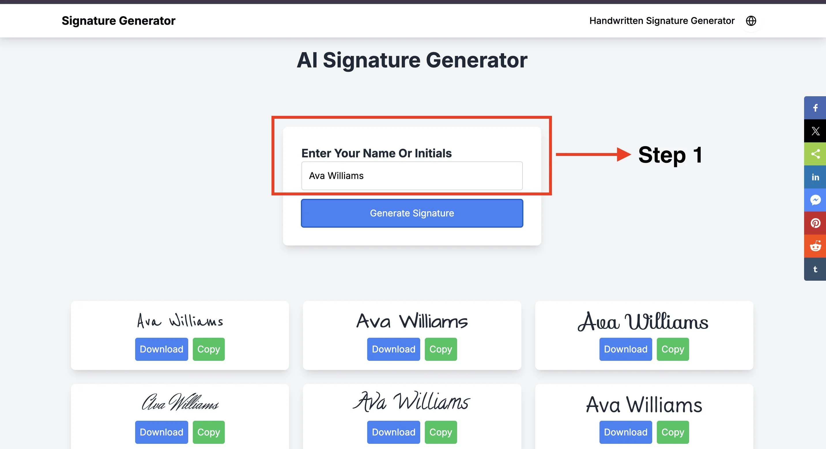Step1 of Artificial Intelligence Signature Generator